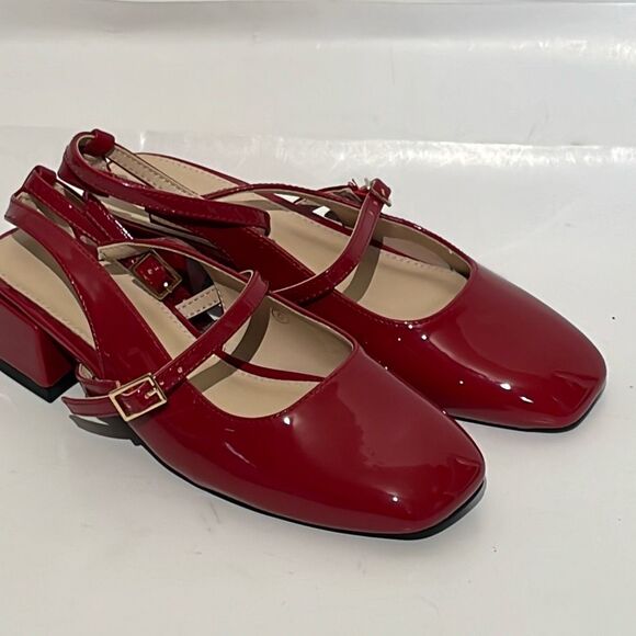 Coutgo Women's Red Patent Square Toe Block Heel Sling Back Pumps Size 5 - Picture 2 of 12